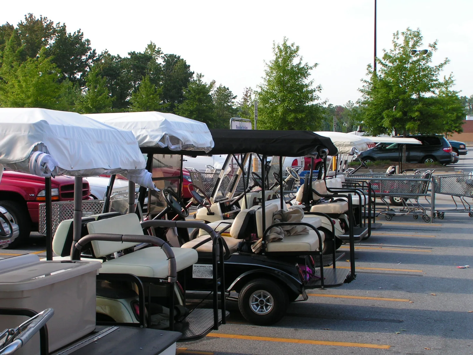 Golf carts parked in front of a store in Peachtree City