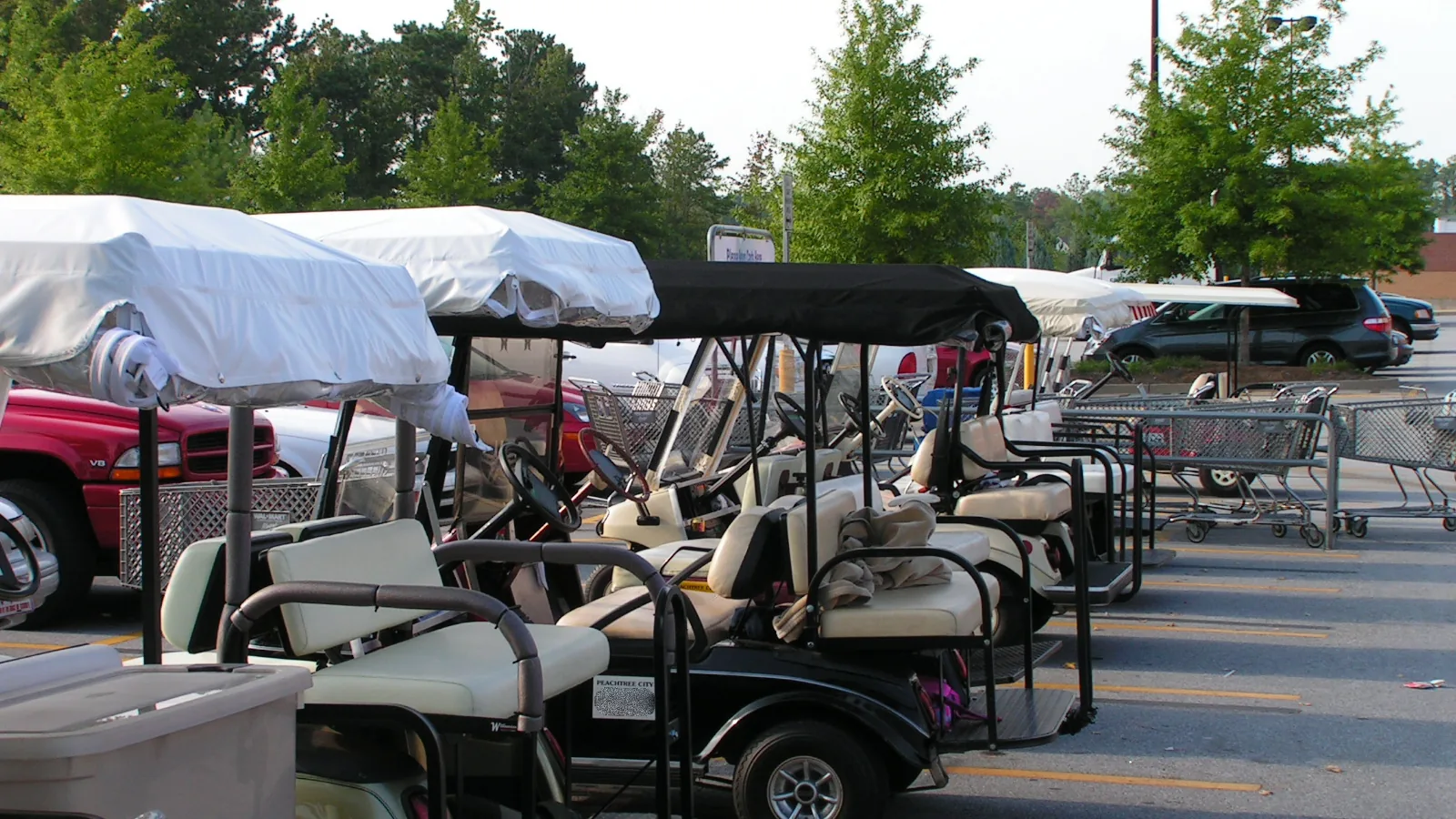 Golf carts parked outside the Walmart on Highway 54 West, in the Wilksmoor village of Peachtree City, part of which is zoned for Sandy Creek High